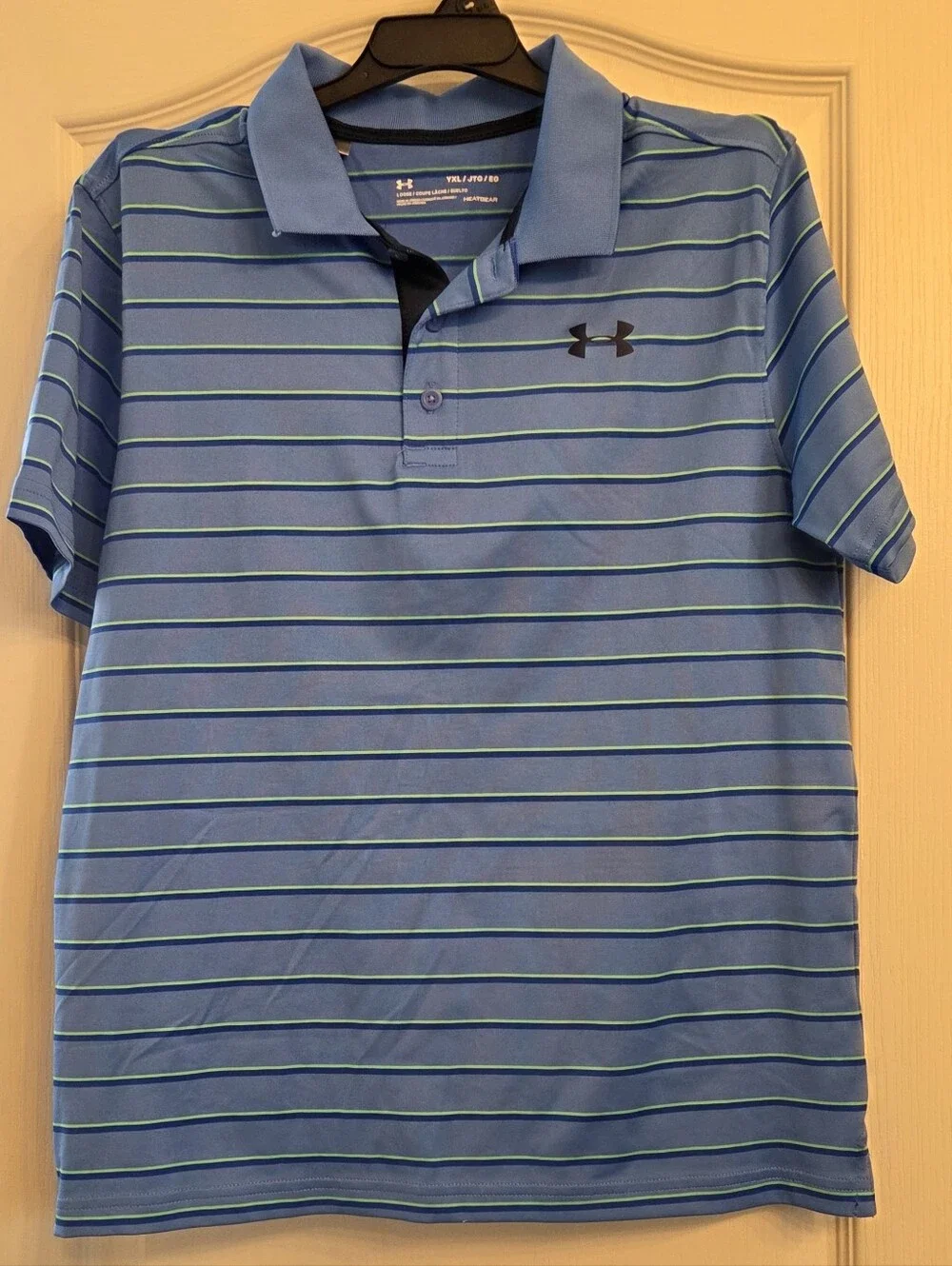 Under Armour Light Blue Striped Polo with Navy Logo KIDS SIZE XL